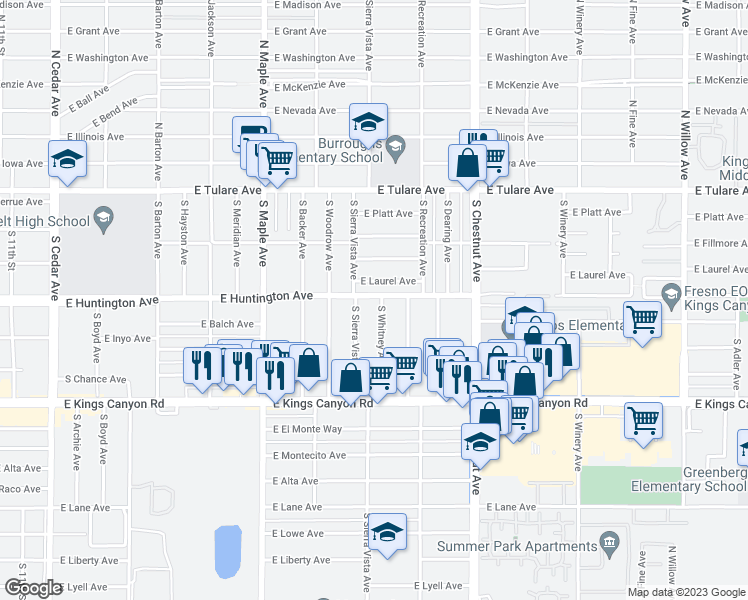 map of restaurants, bars, coffee shops, grocery stores, and more near 4704 East Huntington Avenue in Fresno