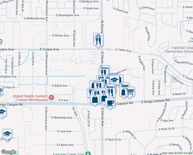 map of restaurants, bars, coffee shops, grocery stores, and more near 422 South Clovis Avenue in Fresno