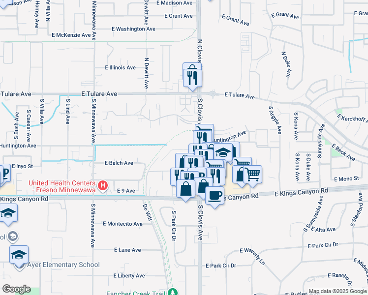 map of restaurants, bars, coffee shops, grocery stores, and more near 422 South Clovis Avenue in Fresno