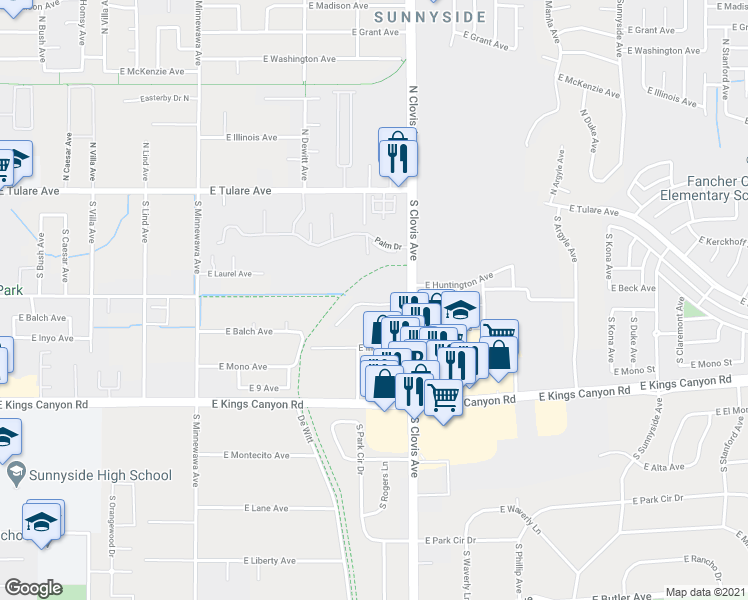 map of restaurants, bars, coffee shops, grocery stores, and more near 422 South Clovis Avenue in Fresno