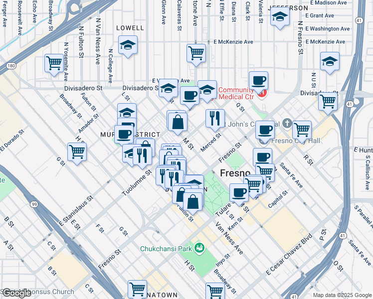 map of restaurants, bars, coffee shops, grocery stores, and more near 2246 Tuolumne Street in Fresno