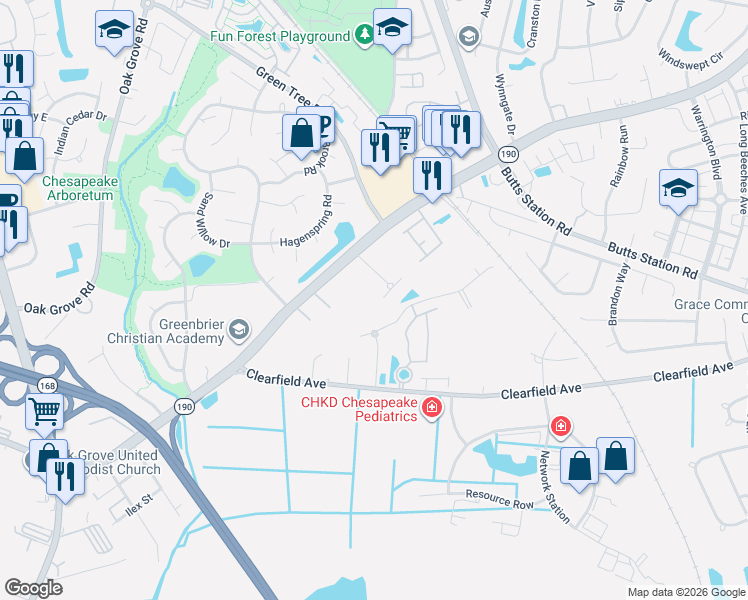 map of restaurants, bars, coffee shops, grocery stores, and more near 408 Kempsville Road in Chesapeake