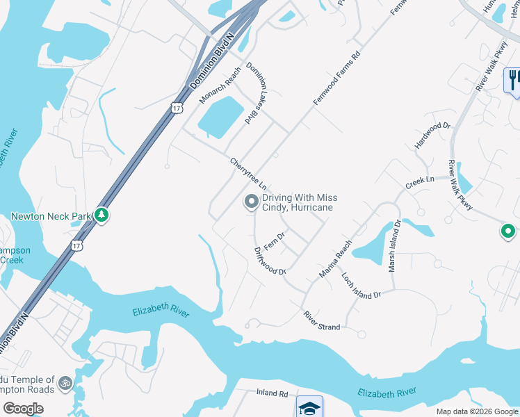 map of restaurants, bars, coffee shops, grocery stores, and more near 332 Driftwood Drive in Chesapeake