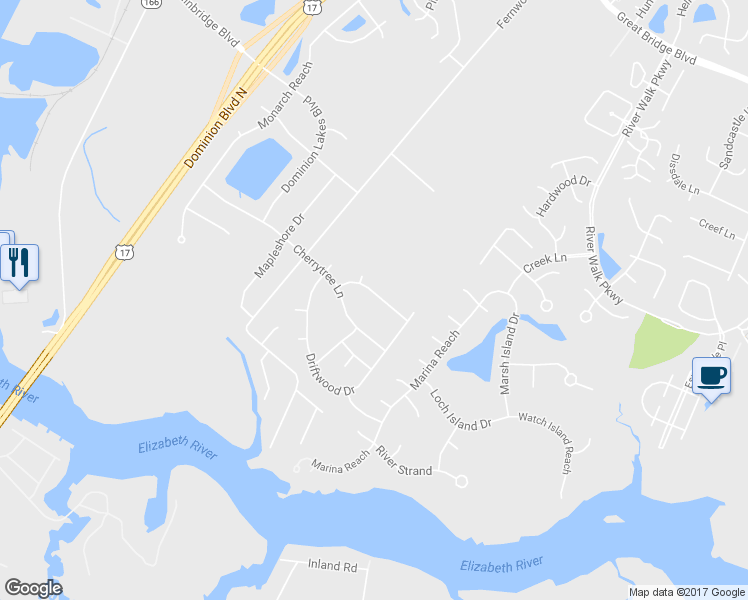 map of restaurants, bars, coffee shops, grocery stores, and more near 315 Tarneywood Drive in Chesapeake