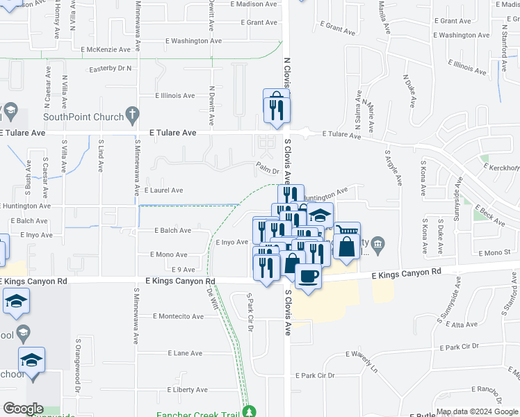 map of restaurants, bars, coffee shops, grocery stores, and more near 422 South Clovis Avenue in Fresno