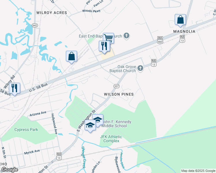 map of restaurants, bars, coffee shops, grocery stores, and more near 2536 U.S. 13 Business in Suffolk