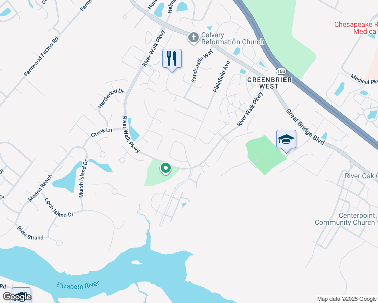 map of restaurants, bars, coffee shops, grocery stores, and more near 421 Broad Bend Circle in Chesapeake