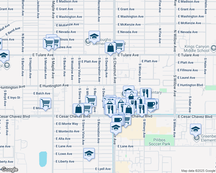 map of restaurants, bars, coffee shops, grocery stores, and more near 4780 East Huntington Avenue in Fresno