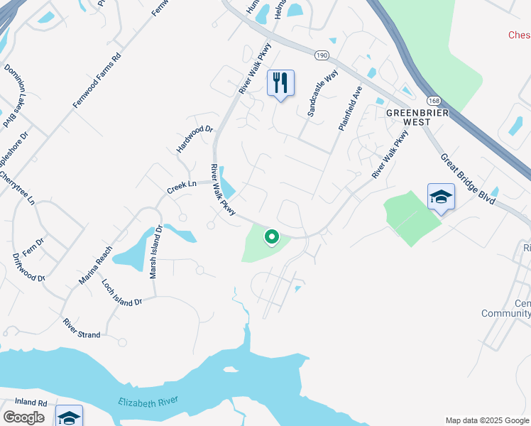 map of restaurants, bars, coffee shops, grocery stores, and more near 407 Supplejack Court in Chesapeake