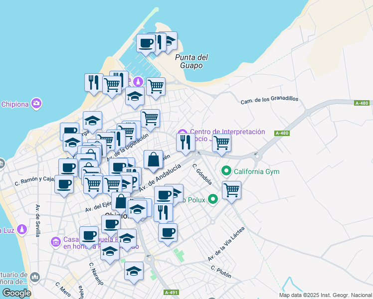 map of restaurants, bars, coffee shops, grocery stores, and more near 54 Avenida de Granada in Chipiona