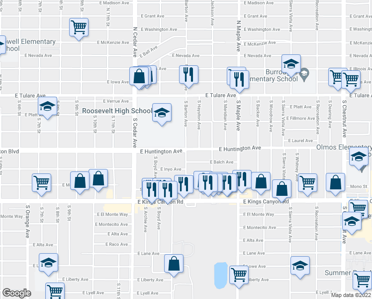 map of restaurants, bars, coffee shops, grocery stores, and more near South Barton Avenue in Fresno