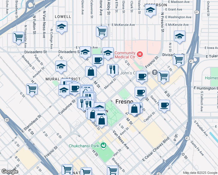 map of restaurants, bars, coffee shops, grocery stores, and more near 1243 N Street in Fresno