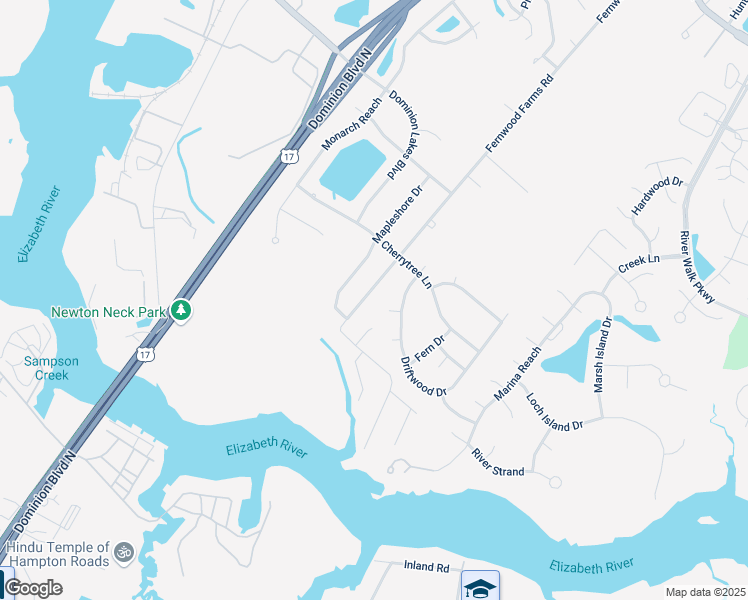 map of restaurants, bars, coffee shops, grocery stores, and more near 321 Fernwood Farms Rd in Chesapeake
