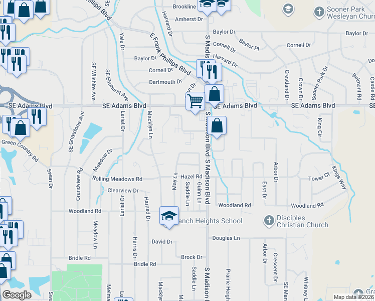 map of restaurants, bars, coffee shops, grocery stores, and more near 5124 Lynn Road in Bartlesville