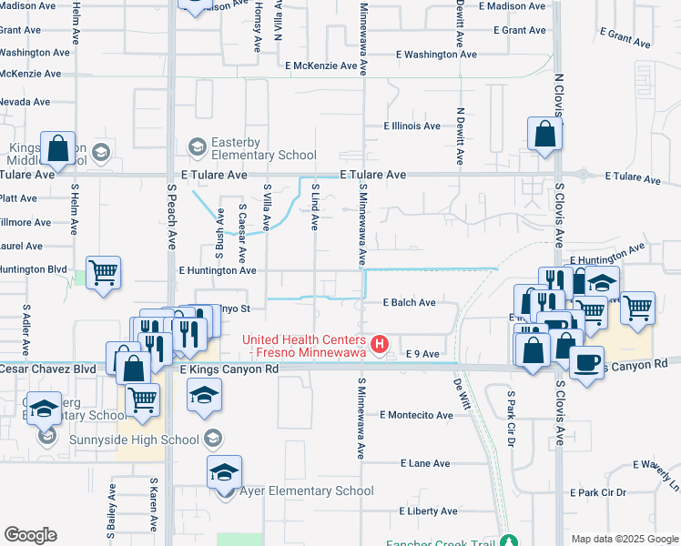 map of restaurants, bars, coffee shops, grocery stores, and more near 5376 East Huntington Avenue in Fresno