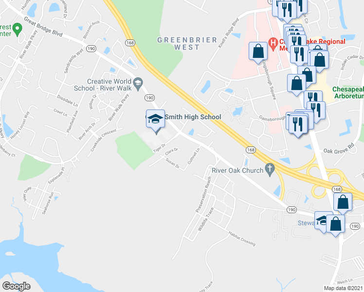 map of restaurants, bars, coffee shops, grocery stores, and more near 408 Clara Dr in Chesapeake