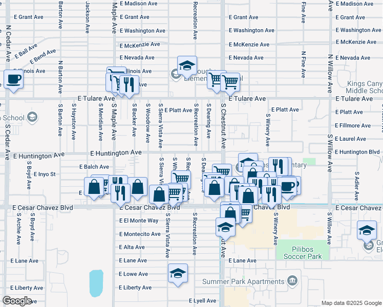 map of restaurants, bars, coffee shops, grocery stores, and more near 409 South Recreation Avenue in Fresno
