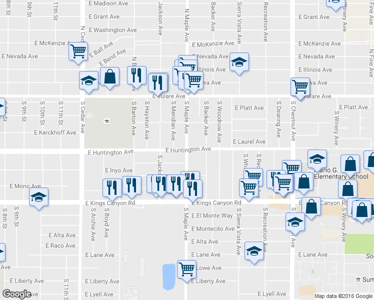 map of restaurants, bars, coffee shops, grocery stores, and more near S Maple Ave & E Huntington Ave in Fresno