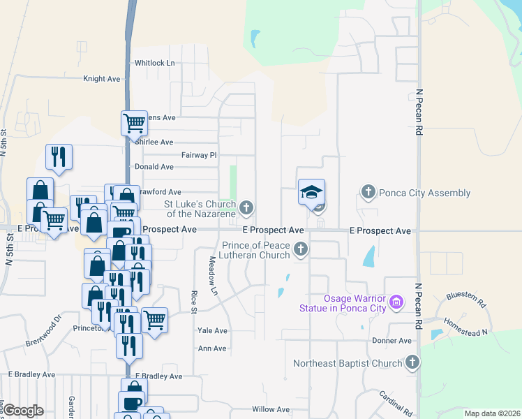 map of restaurants, bars, coffee shops, grocery stores, and more near 3009 Kingston Road in Ponca City