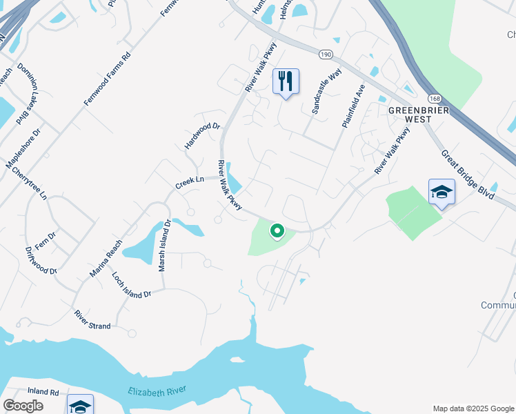 map of restaurants, bars, coffee shops, grocery stores, and more near 407 Supplejack Court in Chesapeake