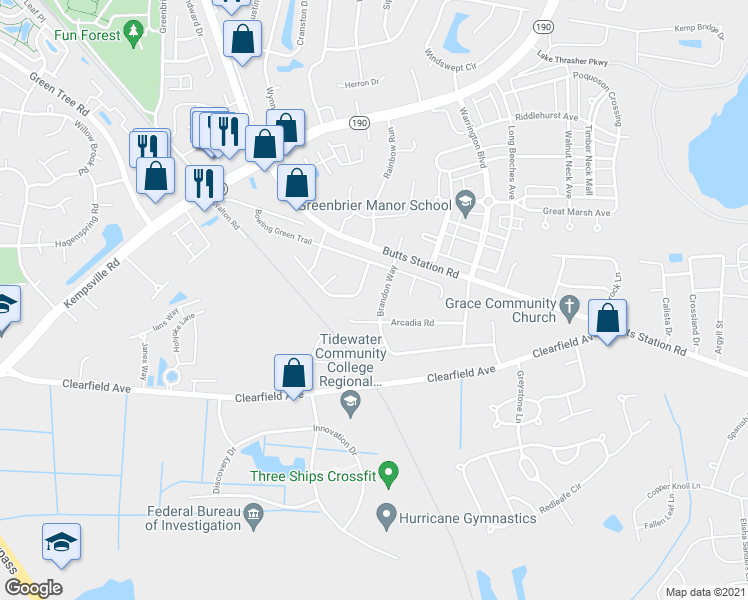 map of restaurants, bars, coffee shops, grocery stores, and more near 504 Brandon Way in Chesapeake