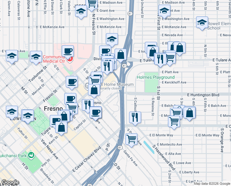 map of restaurants, bars, coffee shops, grocery stores, and more near 10 East Huntington Boulevard in Fresno