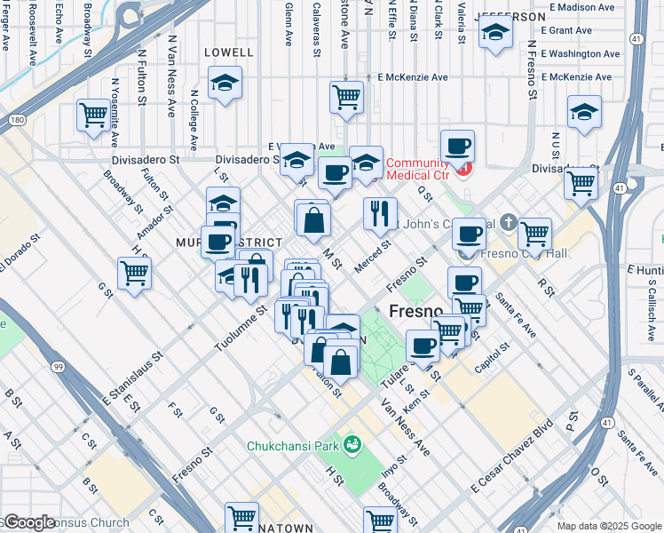 map of restaurants, bars, coffee shops, grocery stores, and more near 2246 Tuolumne Street in Fresno