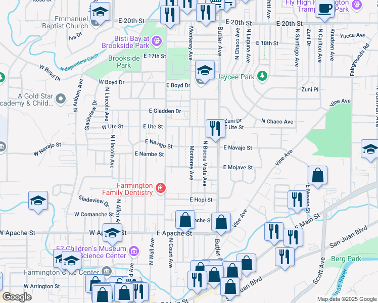 map of restaurants, bars, coffee shops, grocery stores, and more near 911 North Monterey Avenue in Farmington
