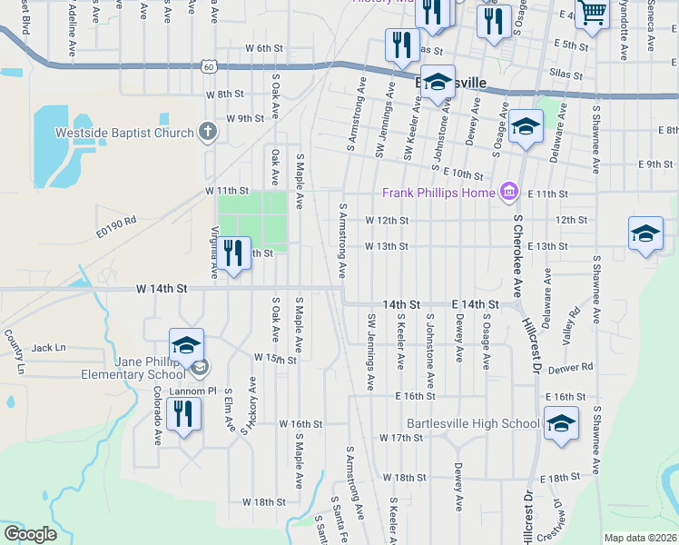 map of restaurants, bars, coffee shops, grocery stores, and more near 1325 South Armstrong Avenue in Bartlesville