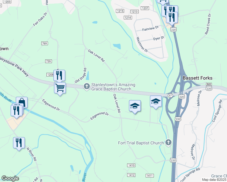 map of restaurants, bars, coffee shops, grocery stores, and more near County Road 606 in Stanleytown