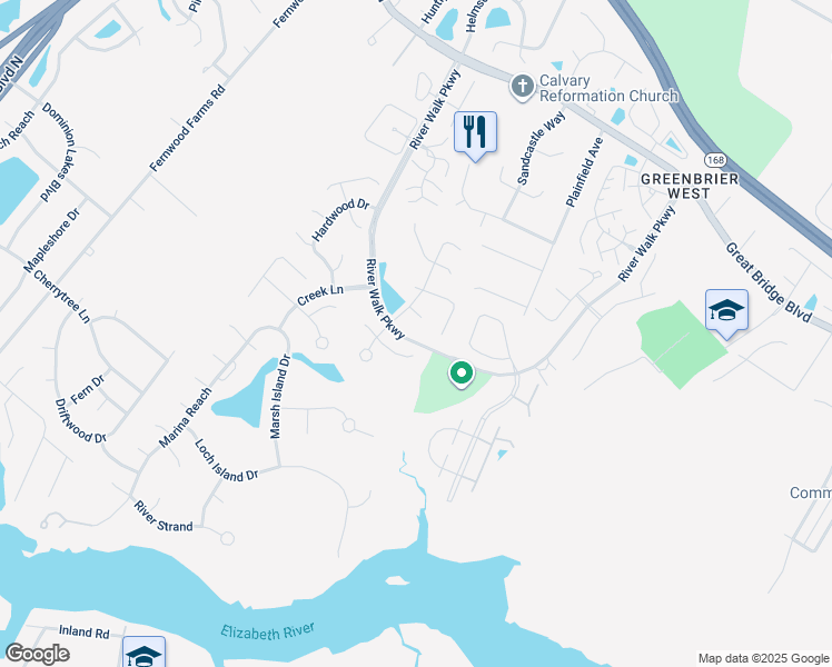 map of restaurants, bars, coffee shops, grocery stores, and more near 404 Dahoon Court in Chesapeake