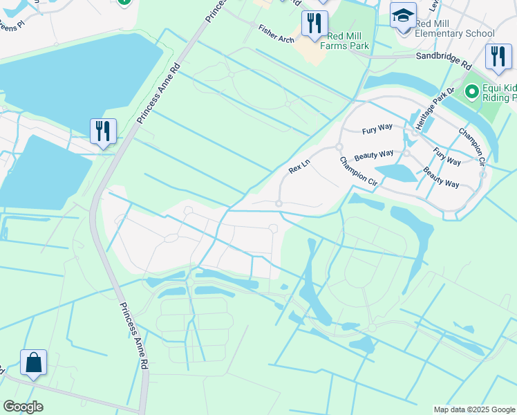 map of restaurants, bars, coffee shops, grocery stores, and more near 1853 Rein Lane in Virginia Beach