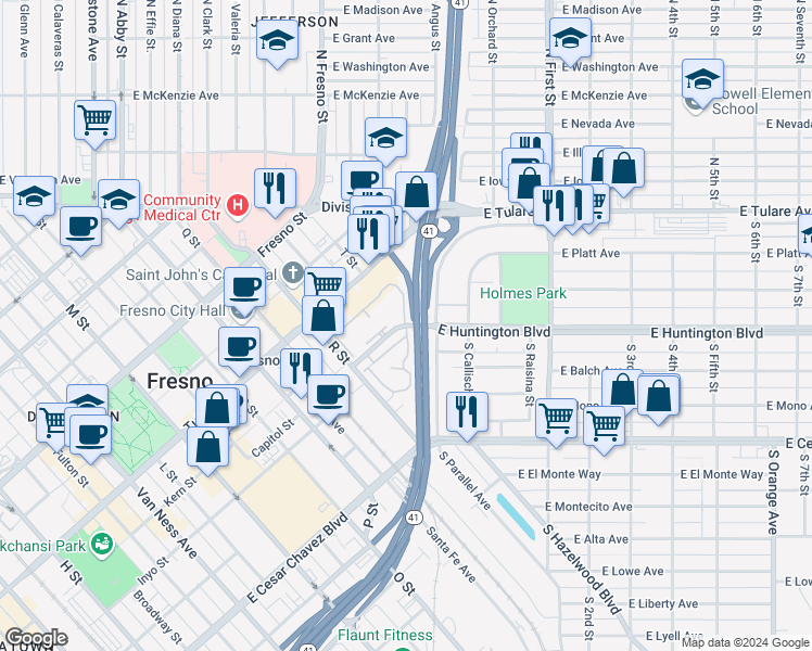 map of restaurants, bars, coffee shops, grocery stores, and more near East Huntington Boulevard & Huntington Boulevard in Fresno