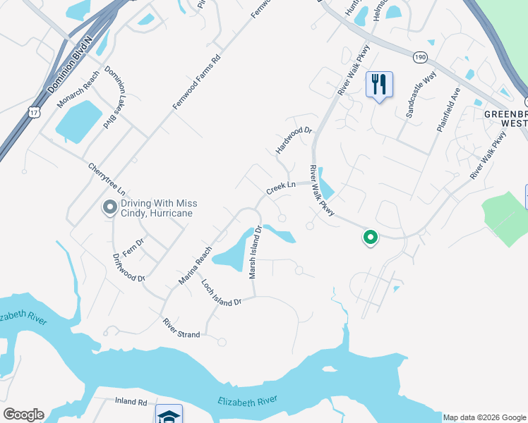 map of restaurants, bars, coffee shops, grocery stores, and more near 267 Marsh Island Drive in Chesapeake