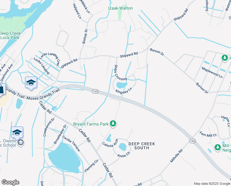 map of restaurants, bars, coffee shops, grocery stores, and more near 2124 Kingsley Lane in Chesapeake
