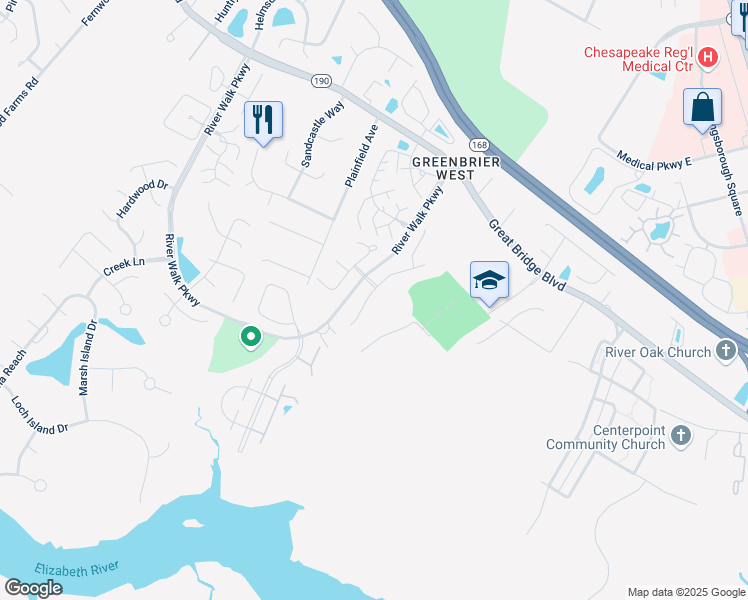 map of restaurants, bars, coffee shops, grocery stores, and more near 819 Creekside Crescent in Chesapeake
