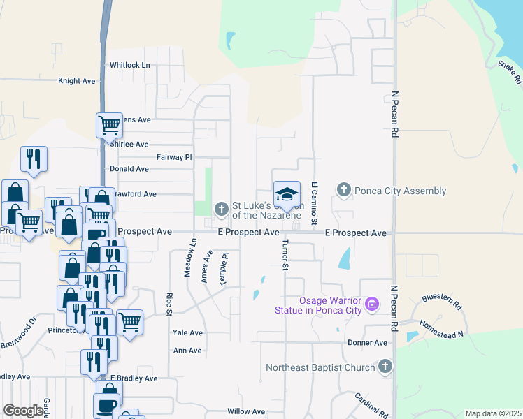 map of restaurants, bars, coffee shops, grocery stores, and more near 3009 Turner Street in Ponca City
