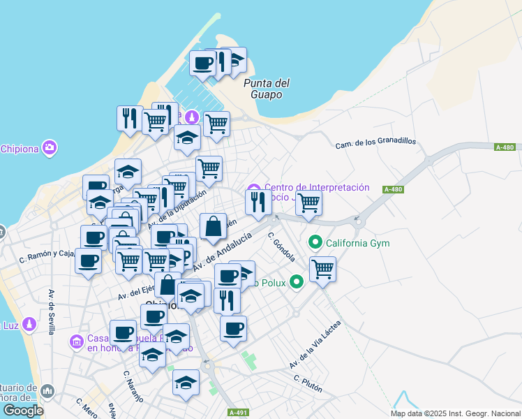 map of restaurants, bars, coffee shops, grocery stores, and more near 54 Avenida de Granada in Chipiona