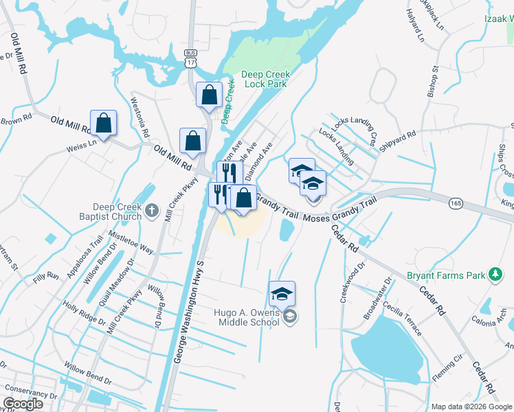 map of restaurants, bars, coffee shops, grocery stores, and more near 2605 Moses Grandy Trail in Chesapeake