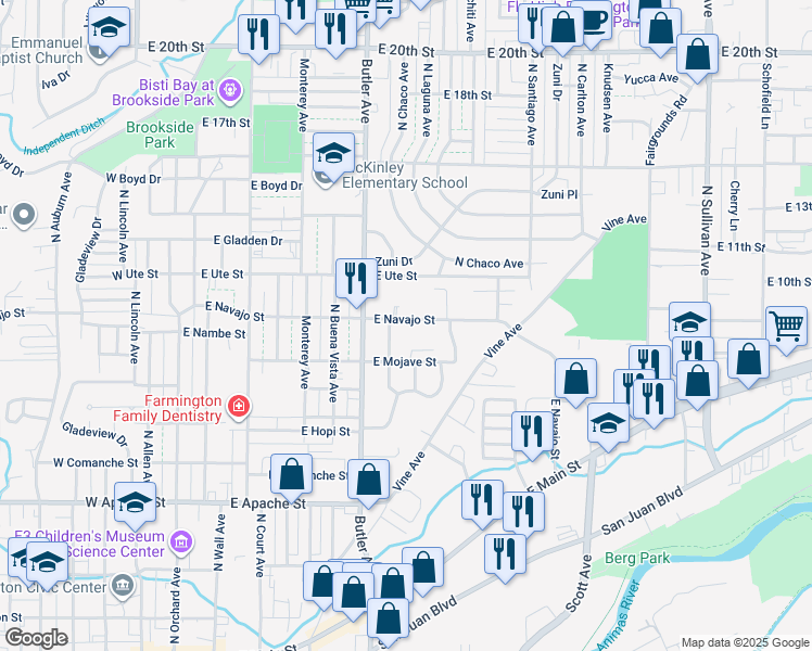 map of restaurants, bars, coffee shops, grocery stores, and more near 825 East Navajo Street in Farmington