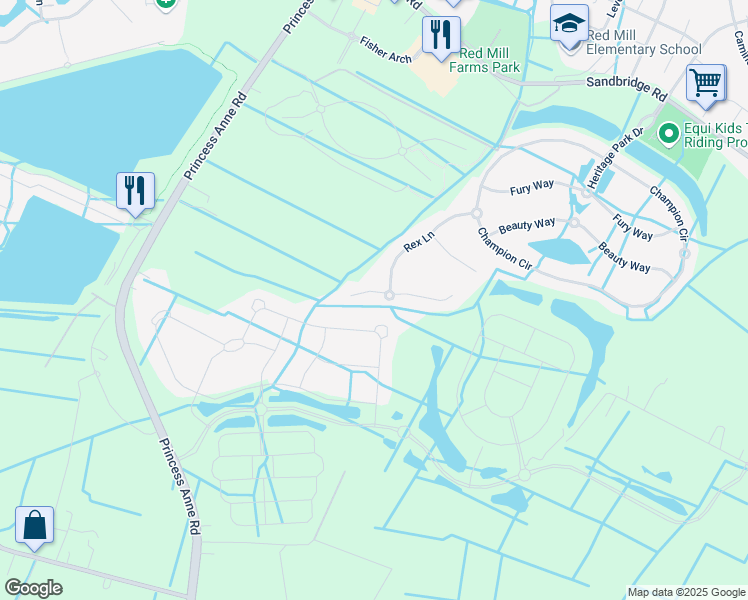 map of restaurants, bars, coffee shops, grocery stores, and more near 1845 Rein Lane in Virginia Beach