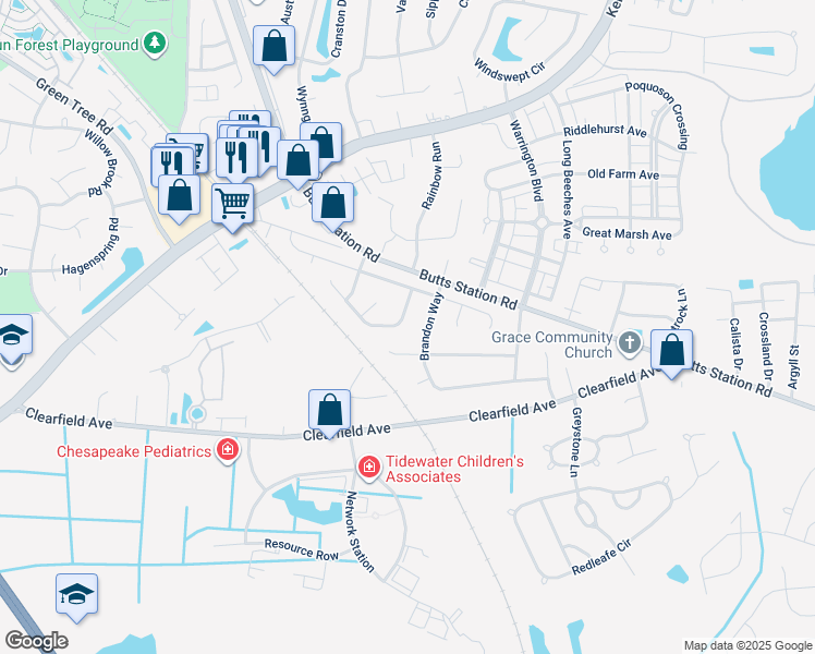 map of restaurants, bars, coffee shops, grocery stores, and more near 504 Brandon Way in Chesapeake