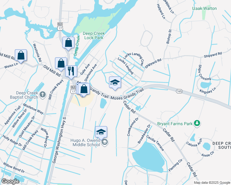 map of restaurants, bars, coffee shops, grocery stores, and more near 2448 Shipyard Road in Chesapeake