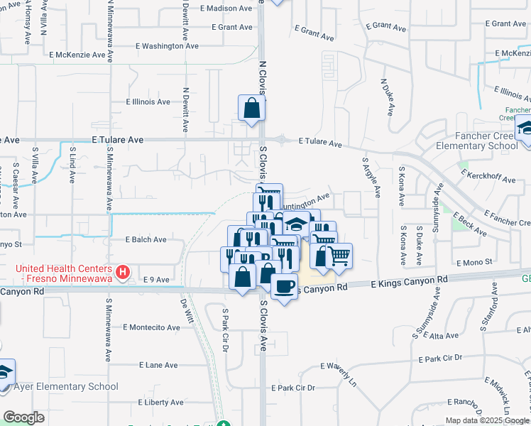 map of restaurants, bars, coffee shops, grocery stores, and more near 417 South Clovis Avenue in Fresno