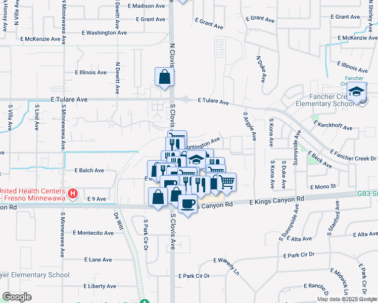 map of restaurants, bars, coffee shops, grocery stores, and more near 405 South Clovis Avenue in Fresno