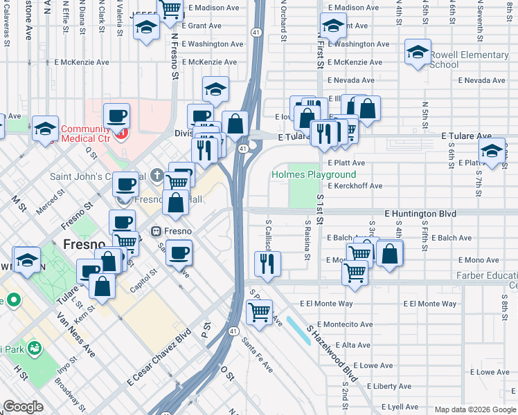 map of restaurants, bars, coffee shops, grocery stores, and more near 2911 East Huntington Boulevard in Fresno