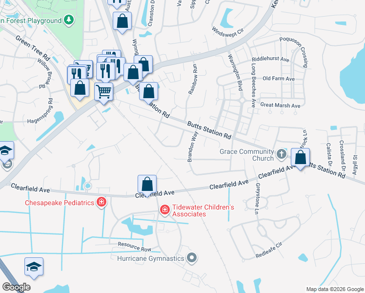 map of restaurants, bars, coffee shops, grocery stores, and more near 504 Brandon Way in Chesapeake