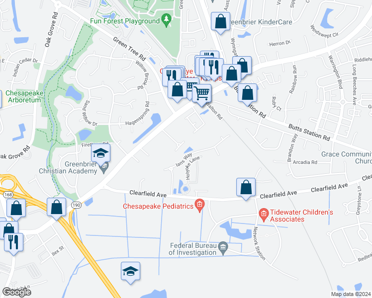 map of restaurants, bars, coffee shops, grocery stores, and more near 409 Scotland Lane in Chesapeake
