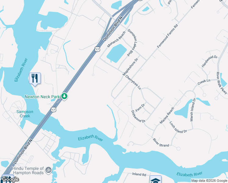 map of restaurants, bars, coffee shops, grocery stores, and more near 301 Mapleshore Drive in Chesapeake