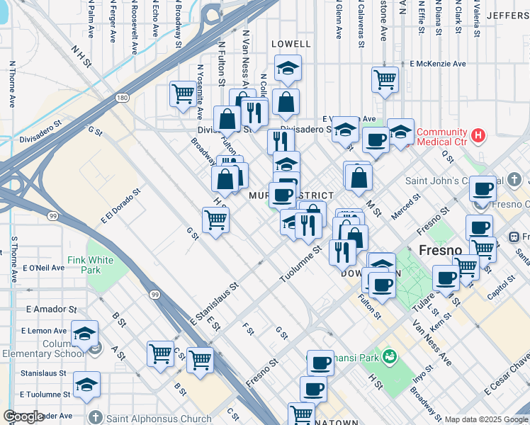 map of restaurants, bars, coffee shops, grocery stores, and more near 1608 Broadway Street in Fresno